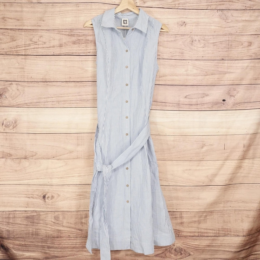 New! Anne Klein Dress Womens 14 Blue White Stripe Seersucker Shirt Dress Belted